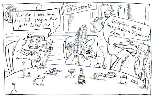 Cartoon: L. und T. (medium) by Leichnam tagged liebe,tod,studio,literaturgespräch,tv,gut,gespräch,imaginär,figuren,polemik,kritik,leichnam,leichnamcartoon