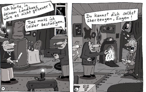 Cartoon: Landhaus (medium) by Leichnam tagged landhaus,schabracke,düster,leichnam,leichnamcartoon,bestätigung,herrenabend,kamin,kognak,zigarren