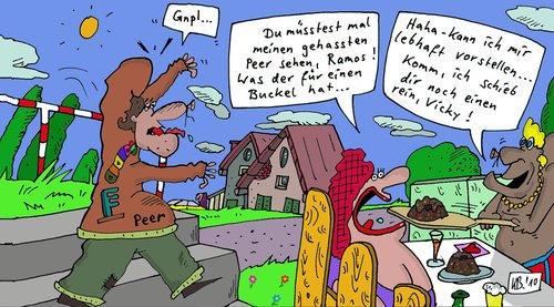 Cartoon: lebhaft (medium) by Leichnam tagged lebhaft,peer,vicky,ramos,frühstück,ehe,buckel,spott,hohn,reinschieben,kuchen,gehässig