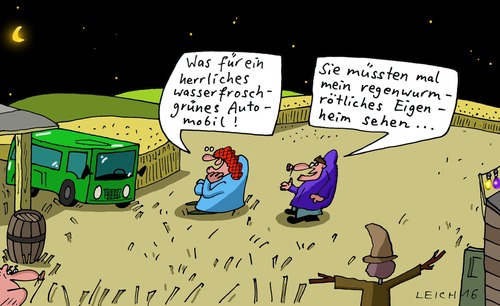 Cartoon: müssten (medium) by Leichnam tagged müssten,feld,nacht,begeisterung,mond,prahlerei,angeber,regenwurm,wasserfrosch,automobil,herrlich