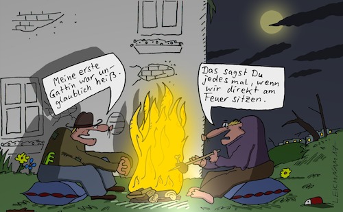 Cartoon: Nacht (medium) by Leichnam tagged nacht,nachts,feuer,lagerfeuer,erste,frau,gattin,heiß,jedesmal,sitzen,freunde,romantik