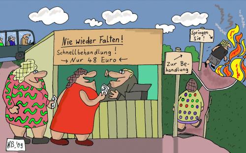 Cartoon: Nie wieder Falten! (medium) by Leichnam tagged falten,nie,wieder,euro,48,springen,behandlung,feuer,flammen