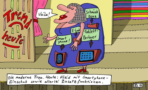 Cartoon: Rampenlicht (medium) by Leichnam tagged rampenlicht,allerlei,moderne,frau,kleid,smartphone,zusatzfunktionen,schminkzeug,bühne,voila,trend,mode,einschub