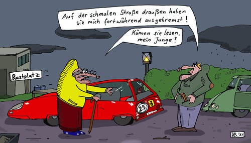Cartoon: Rastplatz (medium) by Leichnam tagged rastplatz,leichnam,ferrari,25,lesen,junge,opa,hut,auto,straße,ausgebremst,fortwährend