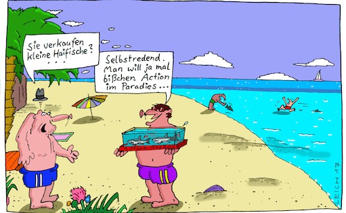 Cartoon: sandig (medium) by Leichnam tagged sandig,haifisch,verkauf,selbstredend,leichnamcartoon,action,paradies,sommer,meer,hitze,wasser,strand,sand,sonne
