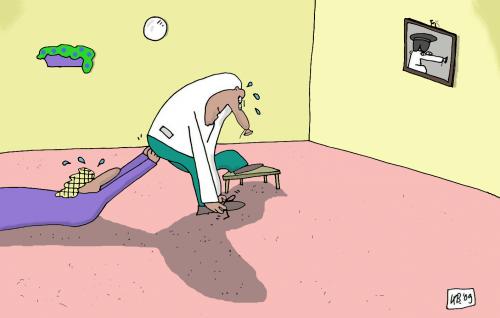 Cartoon: Schuhband schnüren (medium) by Leichnam tagged ohneworte,schuhband,schnürsenkel,hilfestellung,ehe,trottel,umständlich,umstandskasten