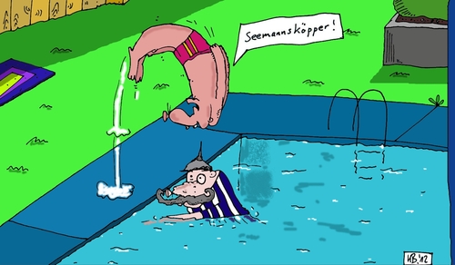 Cartoon: Seemannsköpper (medium) by Leichnam tagged badespaß,sonne,freizeit,kopfsprung,seemannsköpper,freibad,schwimmen,körperertüchtigung,pickelhaube