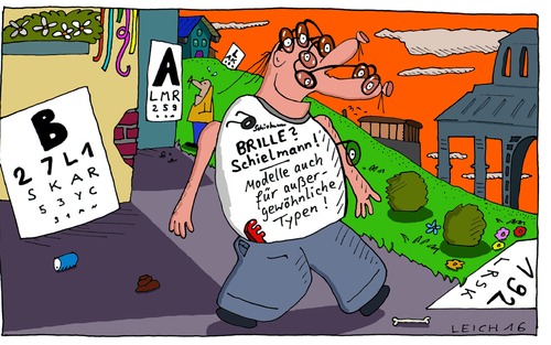 Cartoon: Sehhilfe (medium) by Leichnam tagged sehhilfe,brille,schielmann,modelle,außergewöhnliche,typen,vielauge,optik,nasenfahrrad