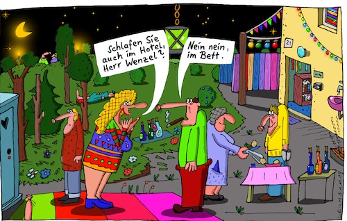 Cartoon: Sommerfest (medium) by Leichnam tagged sommerfest,schlaf,schlafen,hotel,bett,wenzel,nein,nacht,mond,sterne,lichterkette,leichnam,leichnamcartoon
