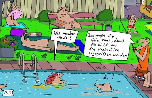 Cartoon: Sommerhumor (medium) by Leichnam tagged sommer,humor,freibad,hai,krokodil,angler,angeln,bademeister