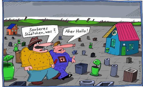 Cartoon: Städtchen (medium) by Leichnam tagged städtchen,ortschaft,sauber,rein,abfallbehälter,mülleimer,papierkorb,leichnam,leichnamcartoon