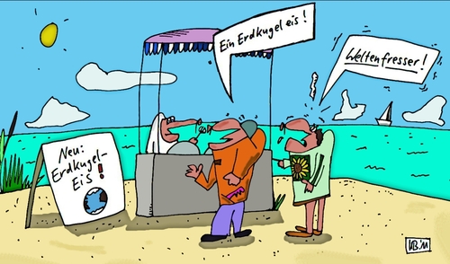 Cartoon: Stand am Strand (medium) by Leichnam tagged fresser,welt,grün,empörung,wunsch,leichnam,erde,verkäufer,kauf,kugel,eis,meer,sommer,strand,stand