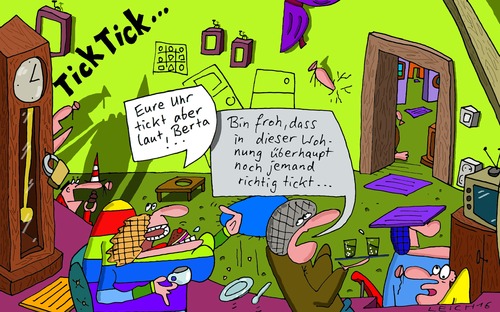 Cartoon: Standuhr (medium) by Leichnam tagged mad,wahnsinnig,irr,wohnung,froh,ticken,standuhr