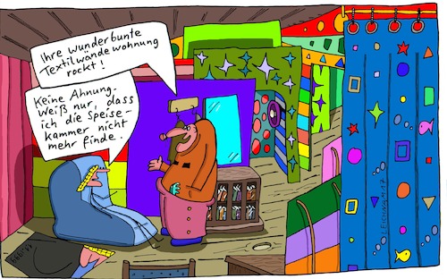 Cartoon: Textilium (medium) by Leichnam tagged textil,textilium,leichnam,leichnamcartoon,keine,ahnung,wunderbunt,textilwände,speisekammer,dünn,dick,strichmännchen,suche,begeisterung,rocken
