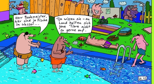 Cartoon: Tiere (medium) by Leichnam tagged tiere,freibad,fische,wasser,schwimmen,sport,sommer,sonne,freizeit,urlaub,an,land,verwunderung,liegewiese