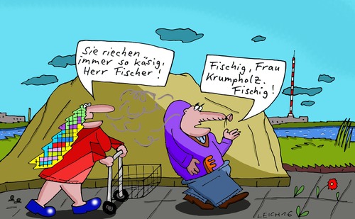 Cartoon: unangenehm (medium) by Leichnam tagged unangenehm,herr,fischer,frau,krumpholz,geruch,riechen,gestank,fischig,käsig,schwaden