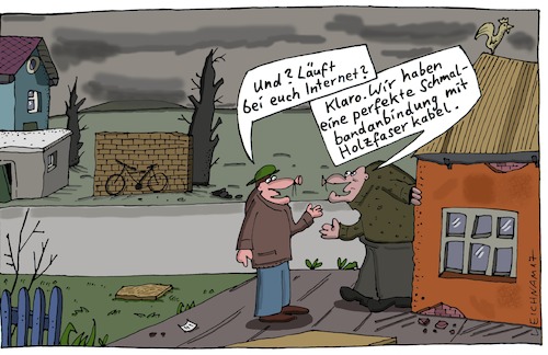 Cartoon: Und? (medium) by Leichnam tagged und,internet,einsames,dorf,abgelegen,düster,leichnam,leichnamcartoon,schmalbandanschluss,anbindung,www,netz,perfekt,holzfaser,kabel,moderne,zeiten