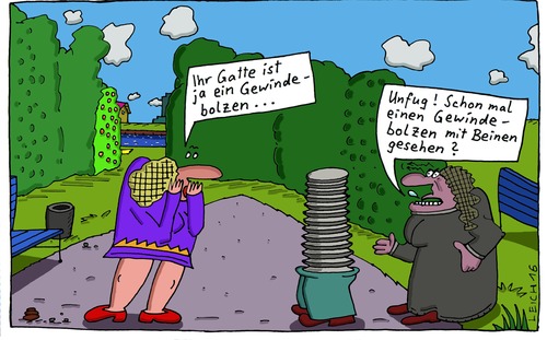Cartoon: Unfug (medium) by Leichnam tagged unfug,gatte,gattin,ehe,gewindebolzen,mit,beinen,technik