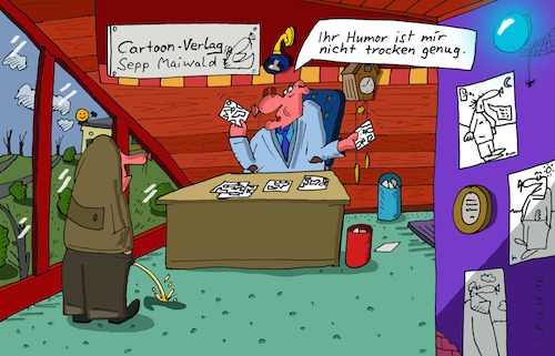 Cartoon: Verlag (medium) by Leichnam tagged verlag,sepp,maiwald,cartoonverlag,cartoonist,vorstellig,nicht,trocken,genug,urin,urinieren,chef,boss,schreibtisch,witzblätter
