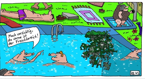 Cartoon: vorsichtig (medium) by Leichnam tagged vorsichtig,froschbereich,freibad,plantschen,schwimmen,sommer,sonne,urlaub,freizeit,hitze