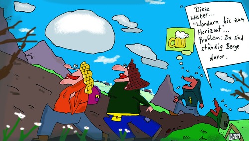 Cartoon: Wanderung (medium) by Leichnam tagged wanderung,leichnam,bierwunsch,horizont,berge,landschaft,weiber,problem,davor,schweiß,steil,anstrengend