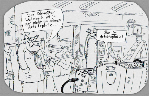 Cartoon: Werkhalle (medium) by Leichnam tagged werkhalle,arbeitsplatz,schweißer,chef,leichnam,leichnamcartoon