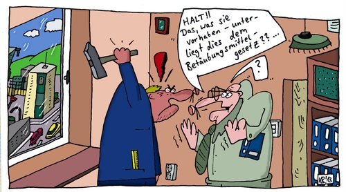 Cartoon: Werkzeug (medium) by Leichnam tagged werkzeug,halt,betäubungsmittelgesetz,hammer,schlagen,bürokrat,wut,zorn,hass