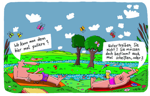 Cartoon: Wo? (medium) by Leichnam tagged baden,wo,pullern,liegewiese,leichnam,leichnamcartoon,untertreibung,bach