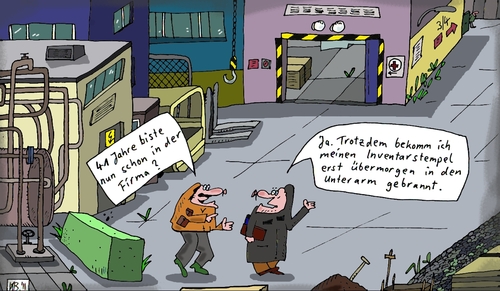 Cartoon: Zugehörigkeit (medium) by Leichnam tagged zugehörigkeit,leichnam,firma,betrieb,41,jahre,inventar,stempel,übermorgen,unterarm,einbrennen,rente