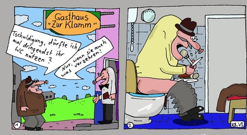 Cartoon: Zur Klamm (medium) by Leichnam tagged zur,klamm,gasthaus,restaurant,verzehr,essen,wc,toilette,abort,gericht,klöße,gemüse,kot,kacken,kellner,ober,pflicht,aufforderung
