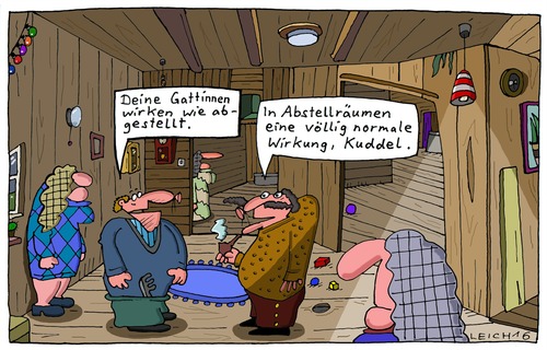 Cartoon: zwischen Wänden (medium) by Leichnam tagged zwischen,wänden,gattinnen,abgestellt,abstellgleis,abstellraum,holz,bretter,verschläge,normal,kuddel