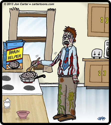 Cartoon: Brain Helper (medium) by cartertoons tagged zombies,food,eating,cooking,brains,kitchens,zombies,food,eating,cooking,brains,kitchens