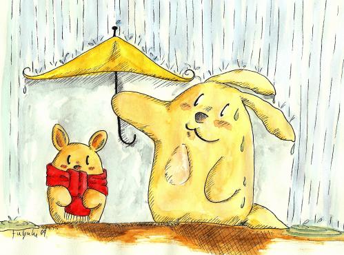 Cartoon: Protect You (medium) by Fubuki tagged hase,bunny,regen,rain,umbrella,regenschirm,beschützen,protect,small,big,klein,groß