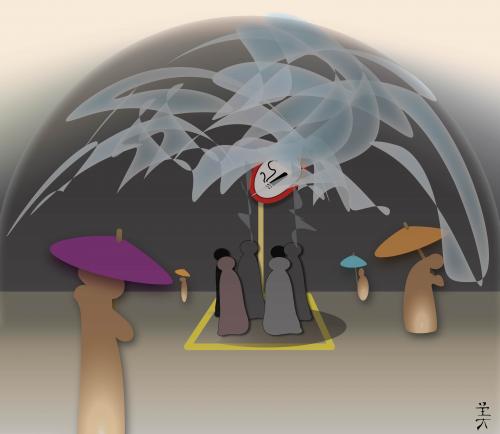 Cartoon: Raucherecke (medium) by Fubuki tagged smoke,cigarette,zigarette,rauch,dunst,rauchverbot,rauchen,umwelt,atmosphäre