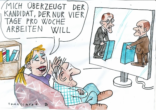 Cartoon: 4 Tage Woche (medium) by Jan Tomaschoff tagged merz,scholz,wahlkampf,tvduell,viertagewoche,arbeitszeit,merz,scholz,wahlkampf,tvduell,viertagewoche,arbeitszeit