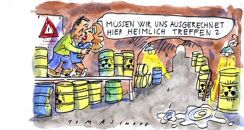 Cartoon: atomtreffen (medium) by Jan Tomaschoff tagged atomkraft,liebe,energie,radioaktivität,akw,atomkraft,liebe,energie,radioaktivität,akw