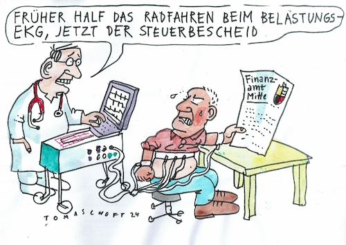 Cartoon: Belastung (medium) by Jan Tomaschoff tagged arzt,gesundheit,stress,ekg,steuern,arzt,gesundheit,stress,ekg,steuern