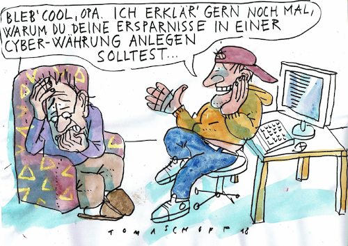 Cartoon: Cyberwährung (medium) by Jan Tomaschoff tagged bitcoin,cyberwährung,bitcoin,cyberwährung