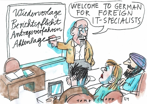 Cartoon: Deutschkurs (medium) by Jan Tomaschoff tagged sprsche,bürokratie,fachkräfte,migration,sprsche,bürokratie,fachkräfte,migration