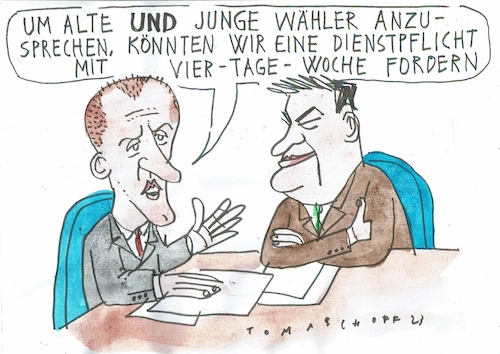Cartoon: Dienstpflicht (medium) by Jan Tomaschoff tagged dienstpflicht,union,wähler,arbeitszeit,dienstpflicht,union,wähler,arbeitszeit