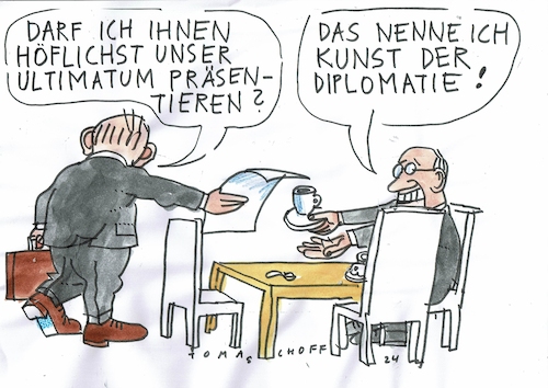 Cartoon: Diplomatie (medium) by Jan Tomaschoff tagged konflikt,verhandlung,diplomatie,konflikt,verhandlung,diplomatie