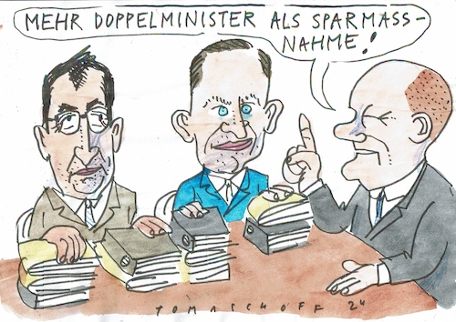 Cartoon: Doppelminister (medium) by Jan Tomaschoff tagged ampal,minister,sparmassnahmen,özdemir,wissing,scholz,ampal,minister,sparmassnahmen,özdemir,wissing,scholz