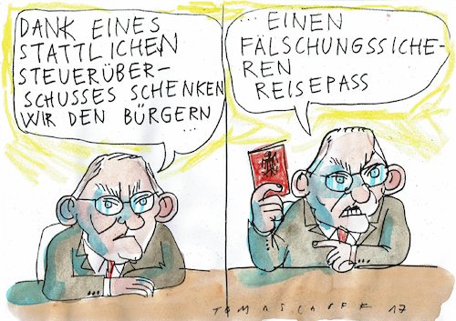 Cartoon: fälschungssicher (medium) by Jan Tomaschoff tagged steuerüberschuss,steuerüberschuss