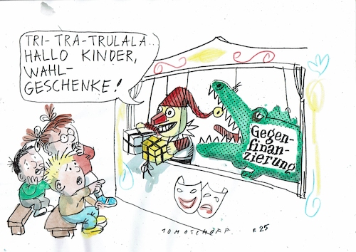 Cartoon: Finanzierung (medium) by Jan Tomaschoff tagged wahlgeschenke,geld,staatsschulden,haushalt,wahlgeschenke,geld,staatsschulden,haushalt