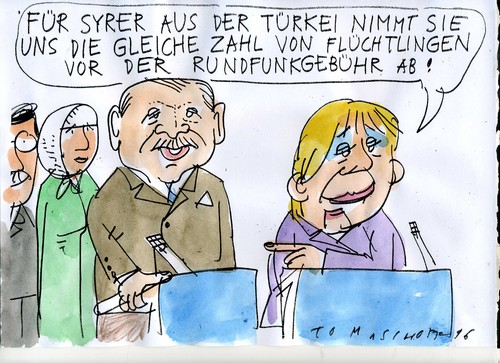 Cartoon: Flüchtlingstausch (medium) by Jan Tomaschoff tagged türkei,merkel,flüchtlingskrise,flüchtlingskrise,merkel,türkei