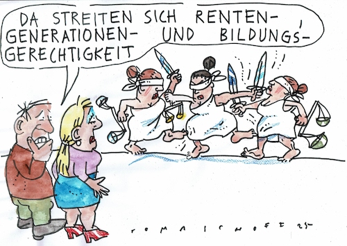 Cartoon: Gerechtigkeit (medium) by Jan Tomaschoff tagged generationen,demografie,bildung,generationen,demografie,bildung