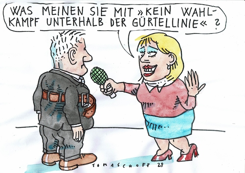 Cartoon: Gürtellinie (medium) by Jan Tomaschoff tagged wahlkampf,fairness,parteien,wahlkampf,fairness,parteien