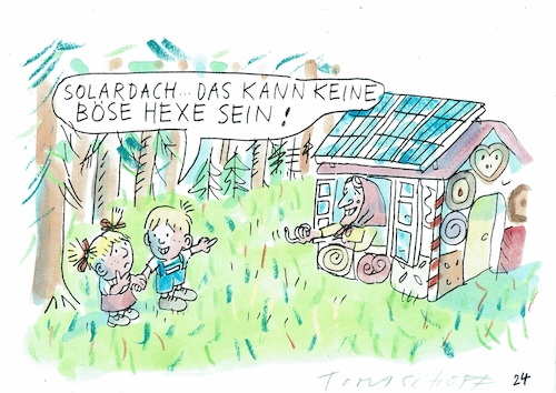 Cartoon: gute Hexe (medium) by Jan Tomaschoff tagged umwelt,sonnenenergie,haus,hexe,umwelt,sonnenenergie,haus,hexe