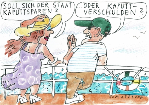 Cartoon: kaputt (medium) by Jan Tomaschoff tagged geld,staat,sparen,schulden,geld,staat,sparen,schulden