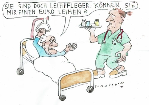 Cartoon: Leihpfleger (medium) by Jan Tomaschoff tagged fachkräftemangel,quereinsteiger,gesundheitswesen,leihfirmen,fachkräftemangel,quereinsteiger,gesundheitswesen,leihfirmen